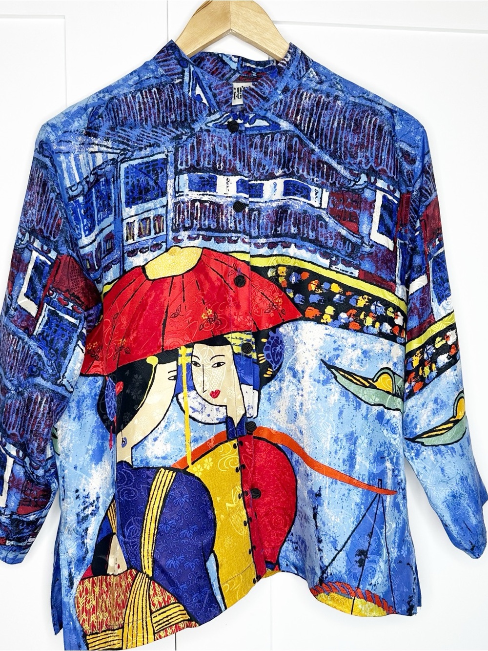 Chicos Design Silk Blouse Tunic 0 US small 4 Japanese Geisha Girl Blue Button Up